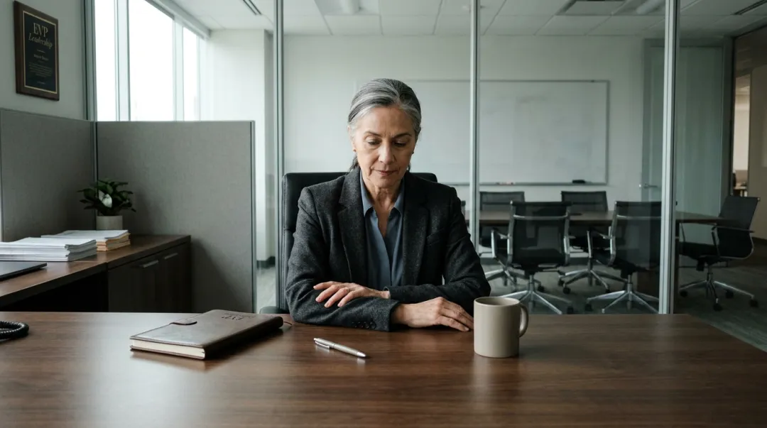 Isolated executive leader sitting alone in modern office reflecting on leadership decisions