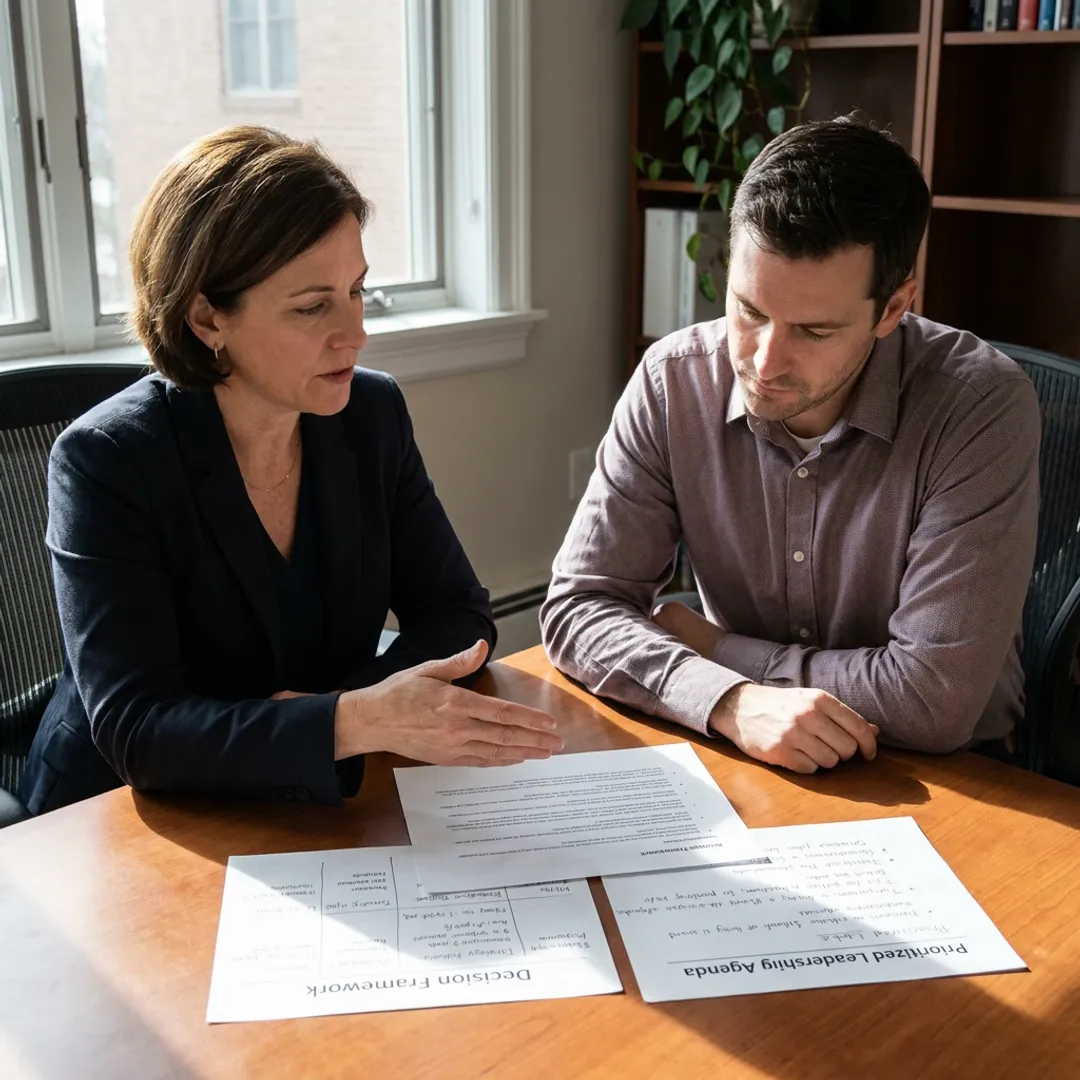 Founder reviewing leadership strategy with coach