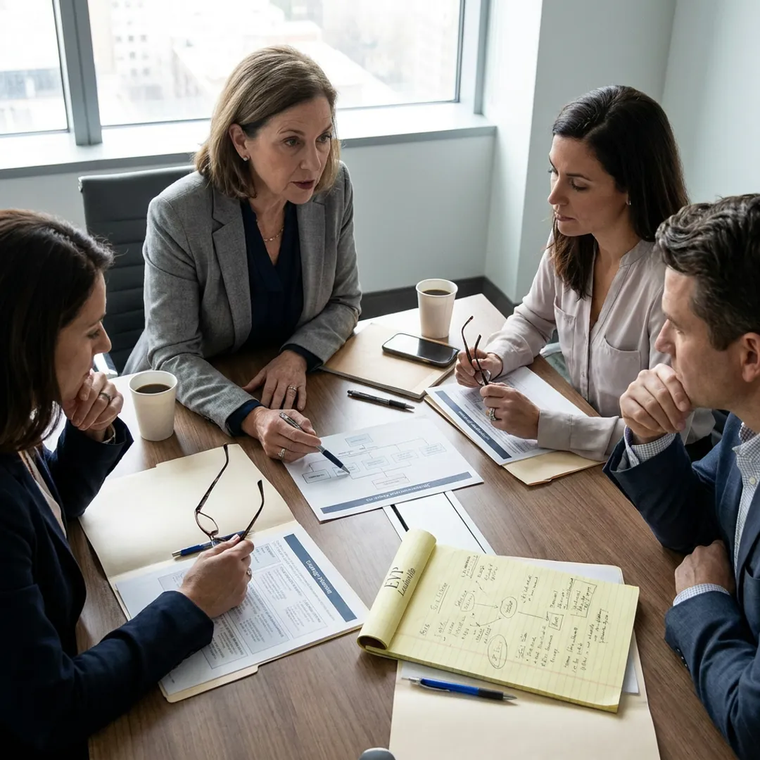 Leadership consultant reviewing strategy with executives