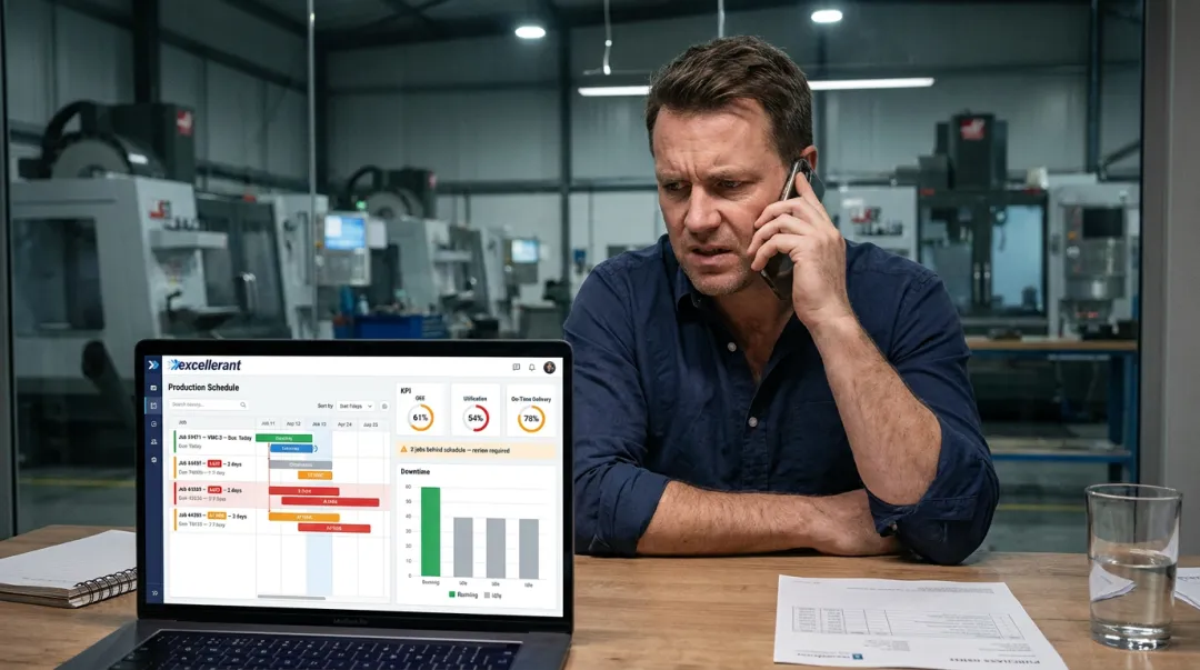 Manufacturing plant manager reviewing missed delivery schedule with concerned customer on phone