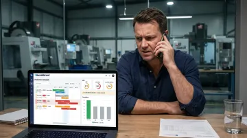 Manufacturing plant manager reviewing missed delivery schedule with concerned customer on phone