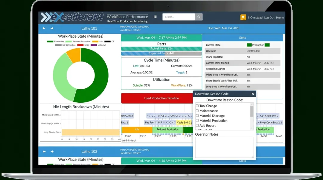 Excellerant real-time OEE dashboard displaying machine status and downtime reason codes
