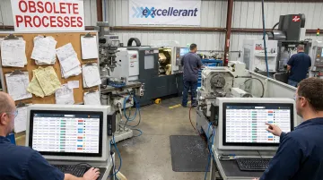 Manufacturing shop floor showing CNC machines connected to real-time Epicor ERP monitoring system