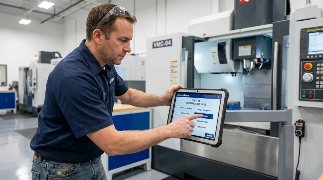 Machine operator using tablet interface to categorize downtime on CNC shop floor