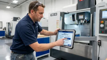 Machine operator using tablet interface to categorize downtime on CNC shop floor