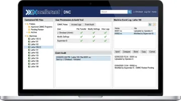 Excellerant DNC software dashboard showing CNC program access controls and audit logs