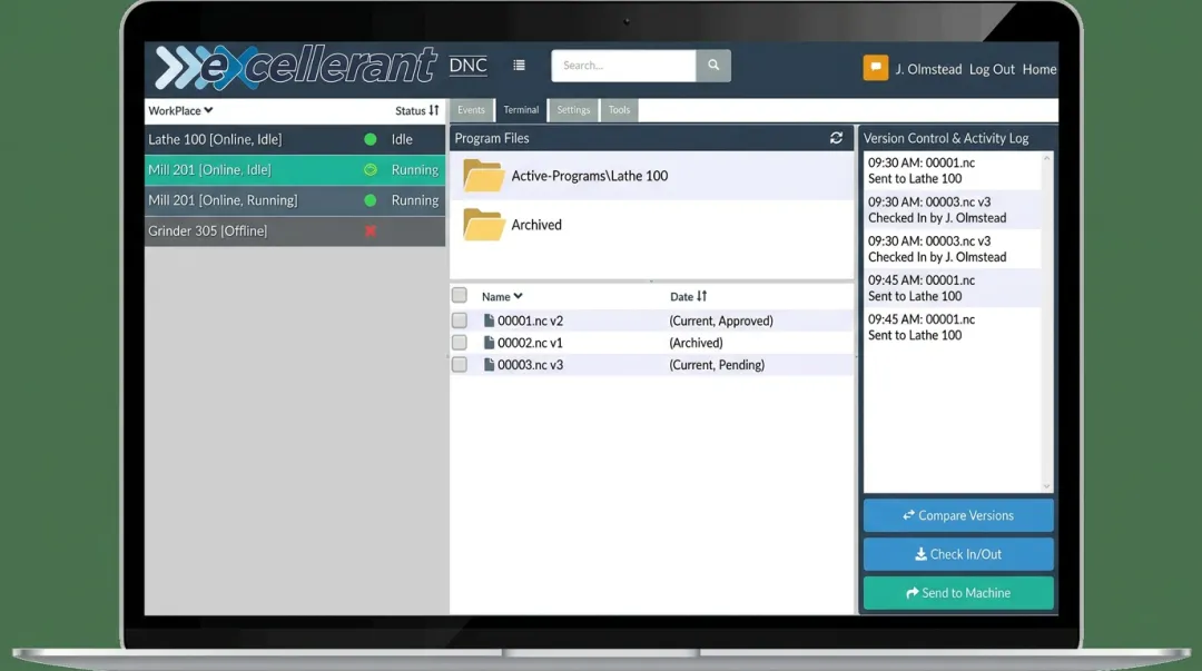 Excellerant DNC software platform dashboard displaying multi-machine connectivity and program management