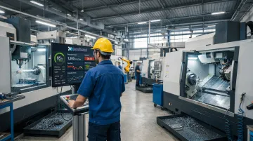 Manufacturing facility CNC machines running on production floor with operator monitoring dashboard
