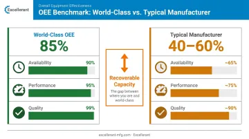 OEE world-class benchmark versus average manufacturer performance gap infographic