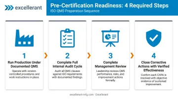 4-step AS9100 QMS pre-certification internal audit and readiness process flow