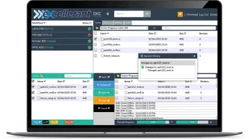 Browser-based DNC system interface showing CNC program transfer and revision control dashboard