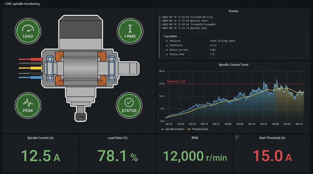 CNC spindle current monitoring dashboard displaying load ratio and wear detection alerts