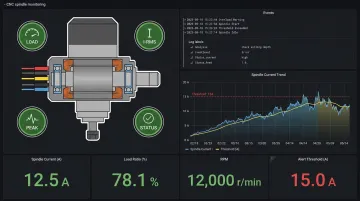 CNC spindle current monitoring dashboard displaying load ratio and wear detection alerts