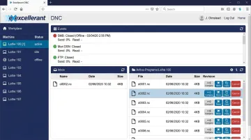 Excellerant DNC software dashboard displaying CNC program management and machine connectivity