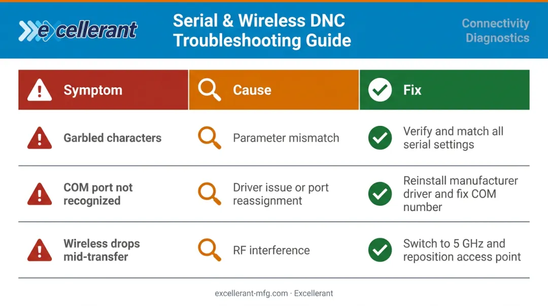 Three common CNC connection problems symptoms causes and fixes diagnostic infographic