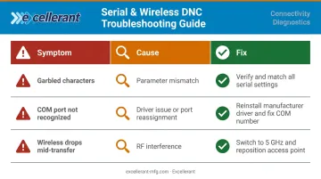 Three common CNC connection problems symptoms causes and fixes diagnostic infographic