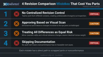 Four common CNC program revision comparison mistakes and consequences infographic