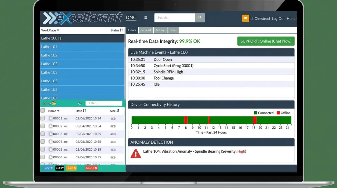 Excellerant per-machine event logging and 24/7 monitoring dashboard interface