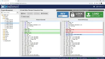 Excellerant DNC software interface showing G-code revision compare and Rev-Lock-Load feature