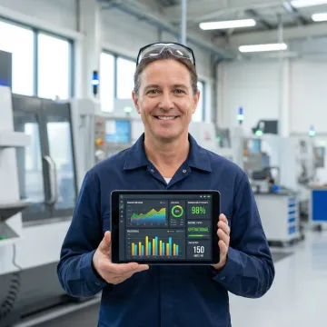 Factory operator using tablet to monitor connected manufacturing equipment in real-time