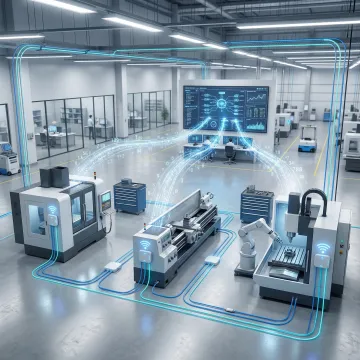 Connected manufacturing equipment showing data flowing from various CNC machines to centralized dashboard