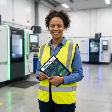 Manufacturing engineer analyzing real-time production data on tablet in factory