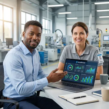 Manufacturing consultant working with factory manager reviewing machine performance dashboards