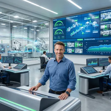 Integrated smart manufacturing dashboard showing real-time production metrics and machine connectivity
