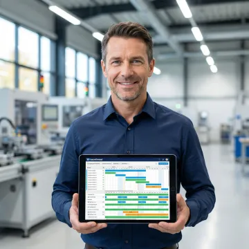 Manufacturing scheduler reviewing capacity planning software on tablet