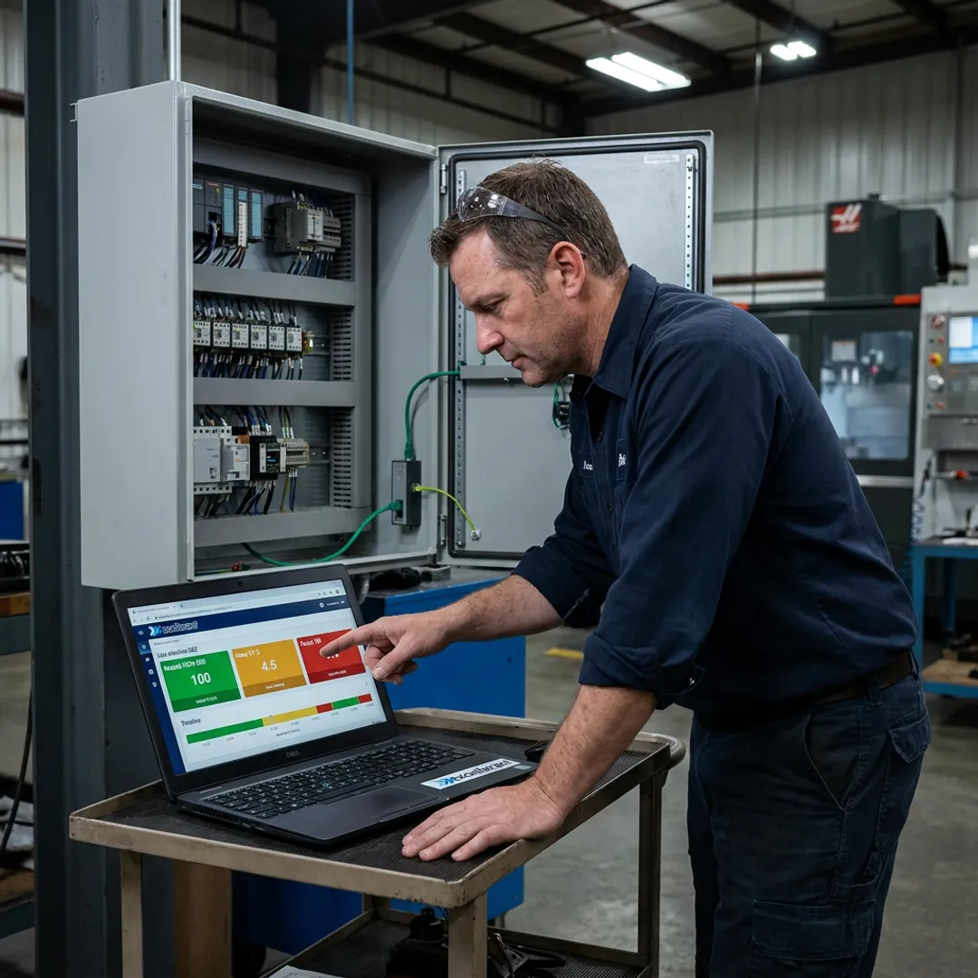 Technician configuring PLC Ethernet connectivity