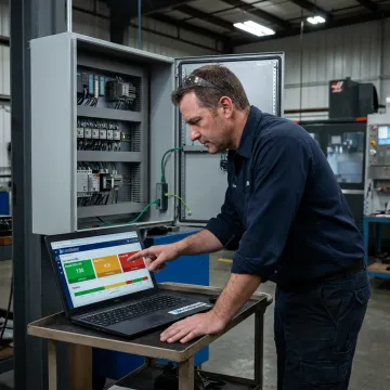 Technician configuring PLC Ethernet connectivity