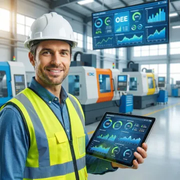 Manufacturing engineer reviewing real-time production data on tablet while standing on factory floor