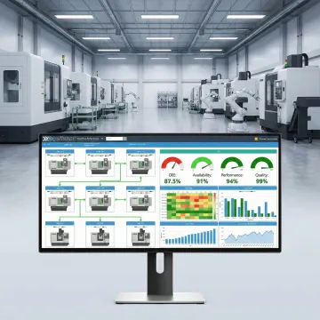 Manufacturing operations management software interface showing connected machines and real-time data