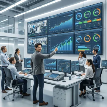 Manufacturing engineer analyzing real-time production data on multiple connected screens