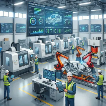 Automotive production line with integrated IIoT monitoring systems and connected machinery