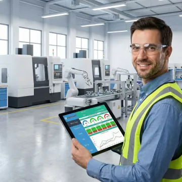 Manufacturing engineer reviewing real-time production analytics on tablet