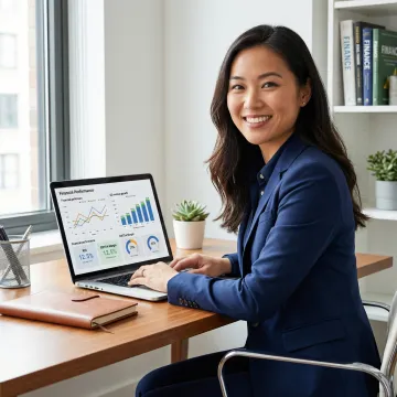 Financial analyst reviewing performance reports on a digital dashboard