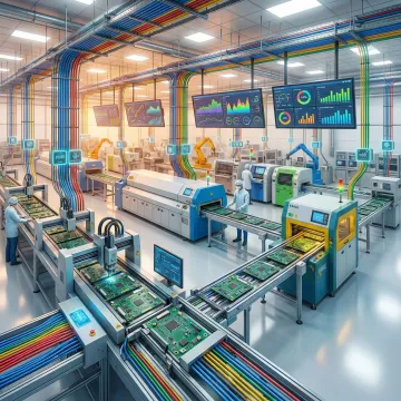 Electronics factory floor with connected smart manufacturing equipment and analytics systems