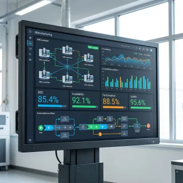 Integrated industrial automation dashboard showing CNC machine connectivity, real-time production data, and performance metrics