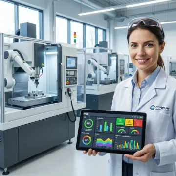 Industrial engineer reviewing real-time production analytics on tablet in manufacturing facility