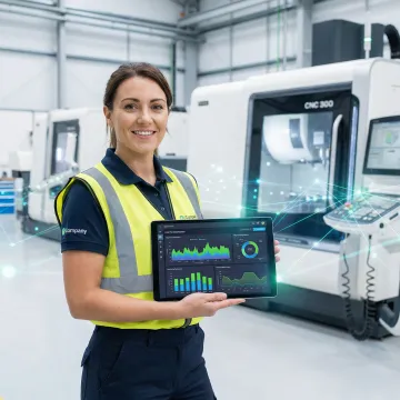 Engineer using tablet to monitor connected manufacturing equipment with real-time data dashboards