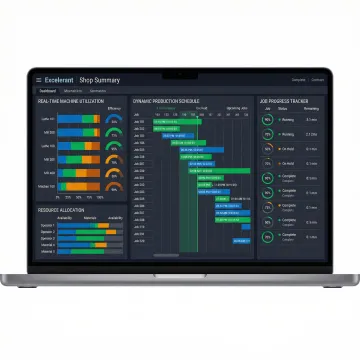 Digital dashboard displaying machine shop scheduling interface with real-time production metrics and equipment status