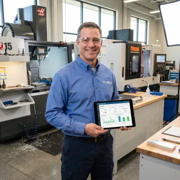 Manufacturing engineer analyzing real-time CNC production data on tablet