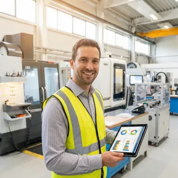 Manufacturing engineer reviewing real-time production data on tablet in factory setting