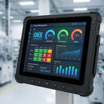 Manufacturing dashboard displaying real-time OEE metrics, machine status, and production analytics