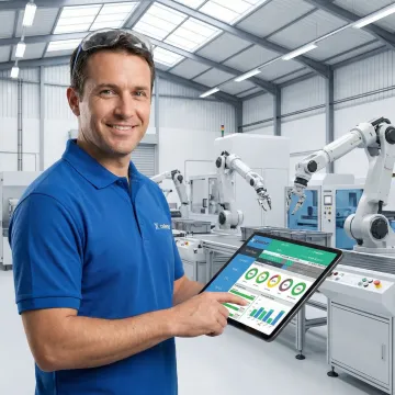 Factory manager reviewing real-time production analytics on tablet showing machine status and OEE metrics