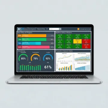 Dashboard display showing real-time job tracking metrics and machine performance data