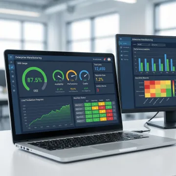 Connected manufacturing dashboard showing real-time production metrics and analytics