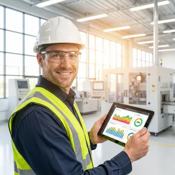 Engineer analyzing manufacturing performance data on tablet