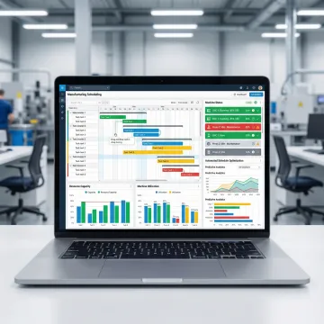 Dynamic production scheduling software dashboard displaying real-time machine status and resource allocation